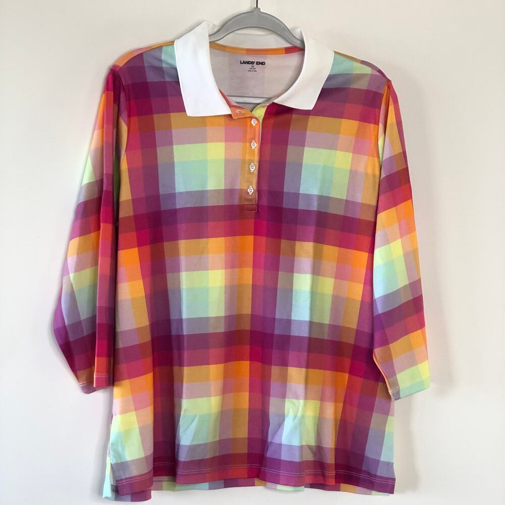 Lands End Womens Top Size 1X Plaid Polo Top 3/4 Sleeve Plaid NEW 100% Cotton